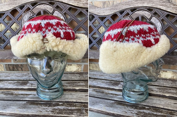 Vintage Shearling & Knit Two Tone Winter Hat Wool… - image 1