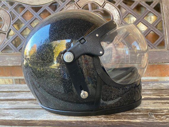 Mint! 70s Full Face Helmet Black Metal flake Fits… - image 4