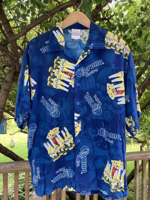 トップス Corona BEER  RAYON SHIRTS Corona Beer Shirt Mens L Blue Graphic All Over Print Rayon