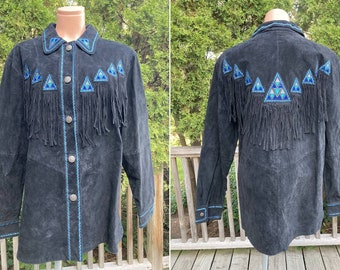 NWT Size L Bob Mackie Black Leather Suede Southwestern Fringed Jacket Coat