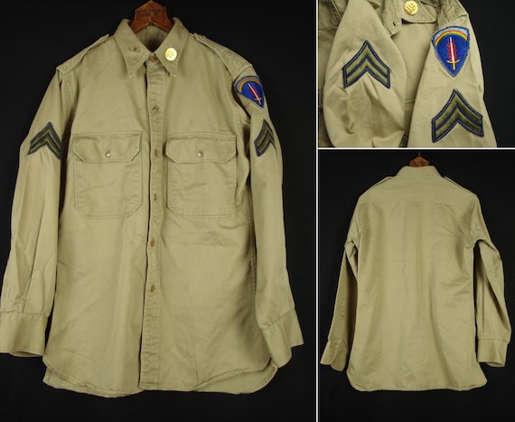 50s U.S Army Khaki Cotton Military Shirt 15 x 32 … - image 1