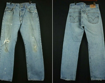 33.5x31.5(34x32tag) Levi's 501 Distressed Boyfriend Blue Denim Jeans Faded