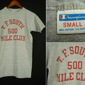 Vintage 70s Champion Blue Bar T-shirt USA Gray & Red
