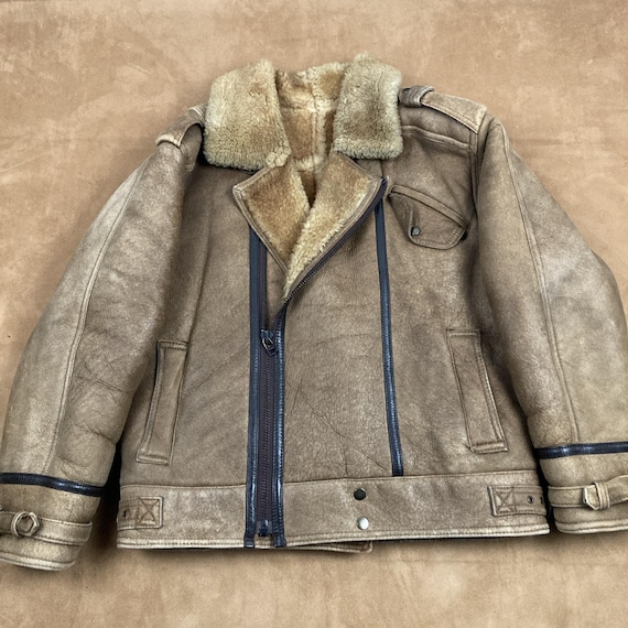 Vtg Shearling Sheepskin Double Breast Motorcycle Leather Jacket 42