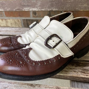 8 D NUNN BUSH Two Tone Wingtip Monk Strap Dress Shoes Vintage 60s 70s