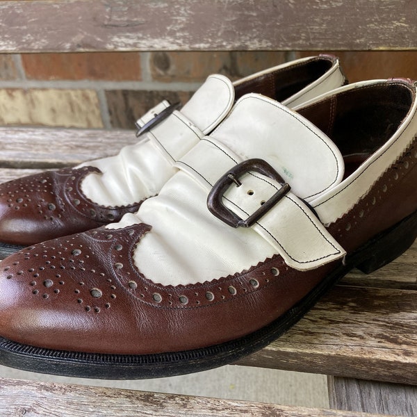 8 D NUNN BUSH Two Tone Wingtip Monk Strap Zapatos de vestir Vintage 60s 70s