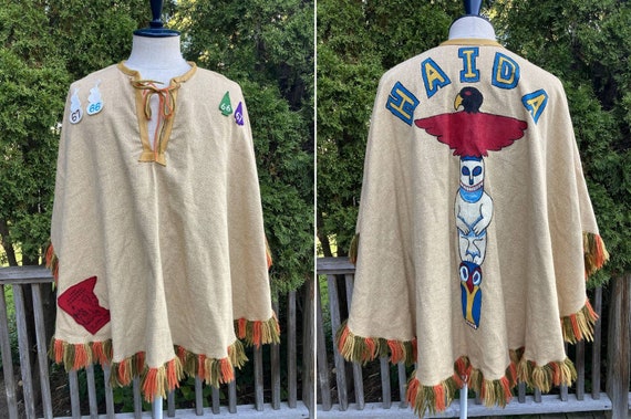Vintage 60s HAIDA Hand Paint Poncho Cape Indian Ameri… - Gem