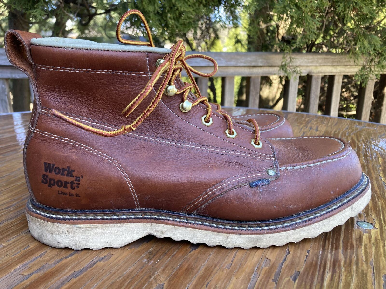 Buy 9.5 EE Brown Leather Moc Toe Work Boots Vintage 90s Made  display picture 1