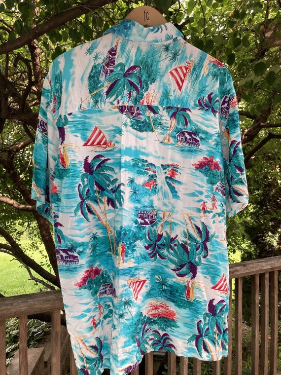 Size L Blue Rayon Hawaiian Aloha Shirt Vintage 90s - image 4