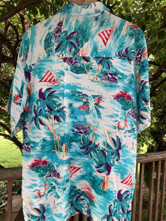 Size L Blue Rayon Hawaiian Aloha Shirt Vintage 90s - image 5