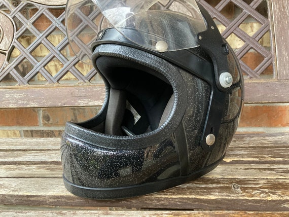 Mint! 70s Full Face Helmet Black Metal flake Fits… - image 1