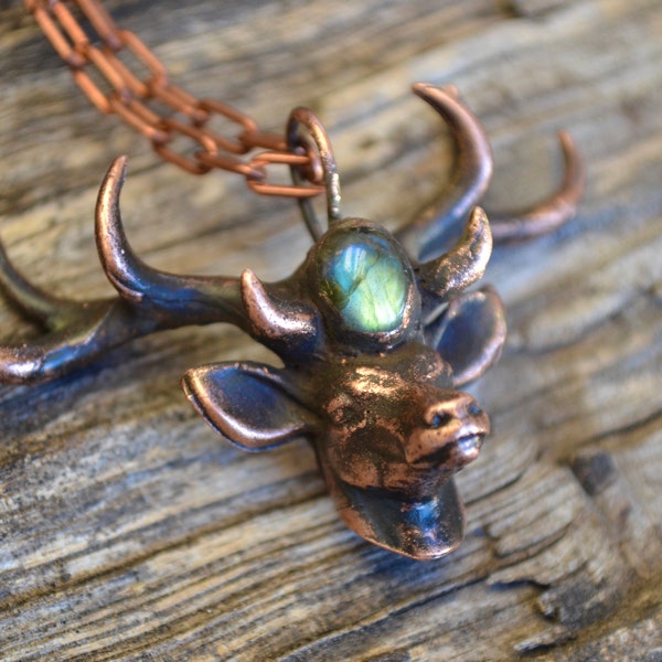 Copper deer necklace with labradorite stone, Antler necklace, deer head charm, woodland inspired pendant, Viking Necklace, Spiritual Gift