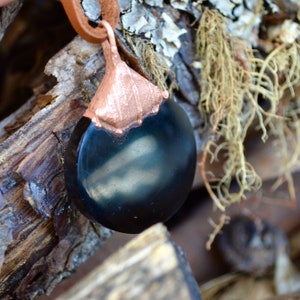 Obsidian mirror pendant, protection necklace crystal, black statement necklace, elegant gift for woman, minimalist necklace for men, copper