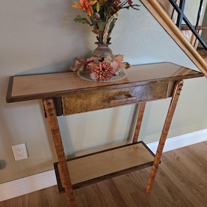 Handmade Curly Maple Console Table: Walnut Trim, Laurel Burl Drawer