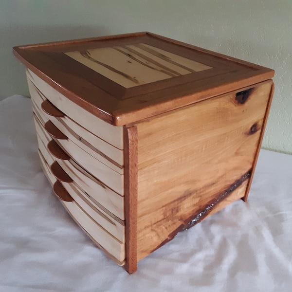 Rustic Hickory and Ambrosia Maple Jewelry Box with 5 drawers, Lift-top tray compartment - Handmade - Velvet Lined - Wood Hinge - Solid Wood