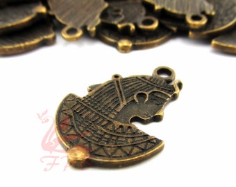 May include: A set of 10 bronze-colored metal charms featuring a detailed profile of an Egyptian queen wearing a headdress. The charms have a loop at the top for attaching to jewelry or other crafts.