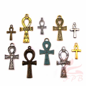 Egyptian Ankh Charms 10 Pieces Set - Wholesale Antiqued Gold Silver Bronze Egypt Charms Collection CC05202024