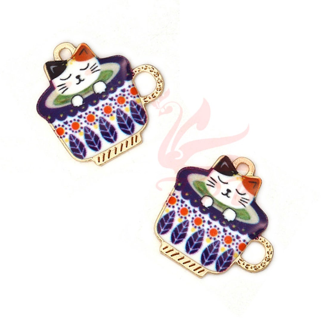 2 Cat in Blue Teacup Charms 23mm Wholesale Gold Plated Enamel Pendants
