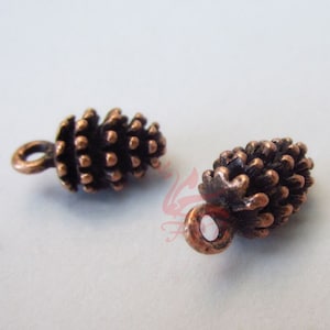 May include: Two copper-colored pine cone charms with a loop for hanging. The pine cones are detailed with textured scales.