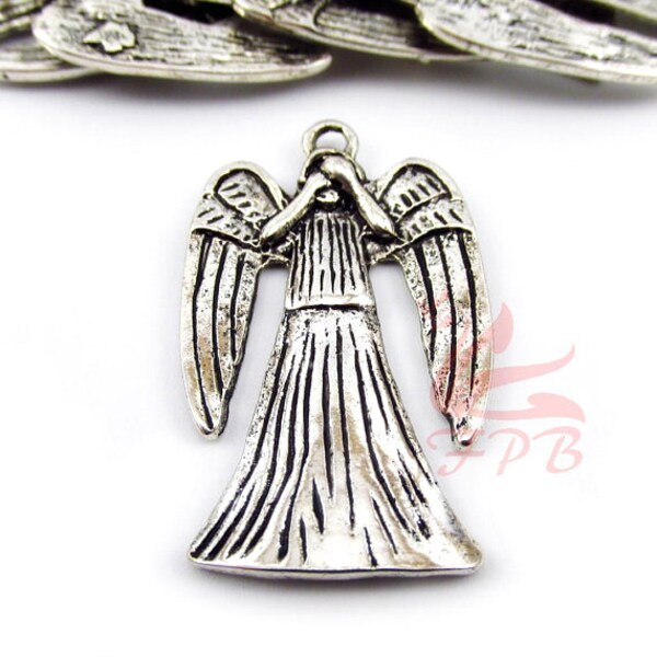2 Weeping Angel Charms 38mm Wholesale Antiqued Silver Plated Pendants SC0036494