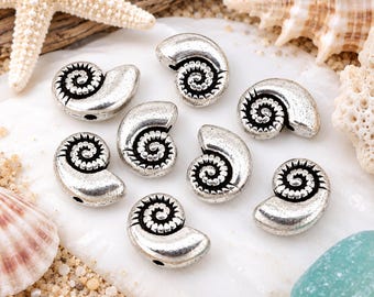 10 Nautilus Seashell Spacer Beads 11mm Wholesale Antiqued Silver Plated Conch Shell Ocean Beach Metal Beads SB125700