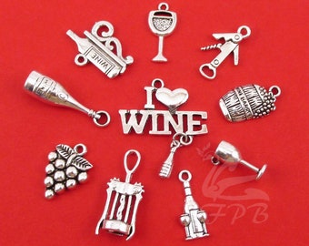 Wine Charms 10 Pieces Set - Wholesale Antiqued Silver Plated Charms Collection CC0066147