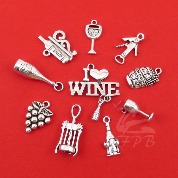 Wine Charms 10 Pieces Set - Wholesale Antiqued Silver Plated Charms Collection CC0066147