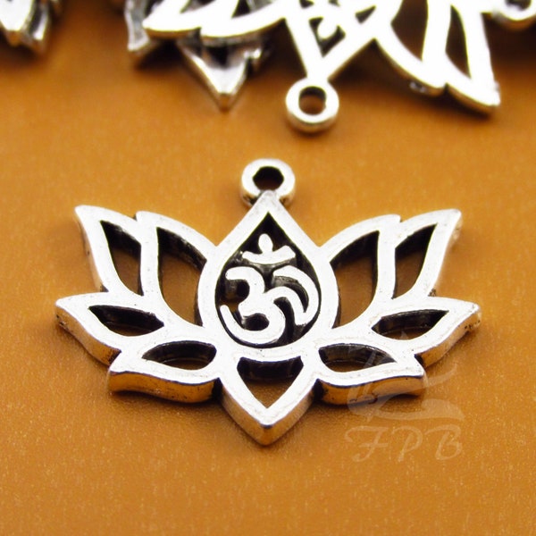 10 Lotus Flower Charms 20mm Wholesale Antiqued Silver Plated Yoga Ohm Pendants SC0094562