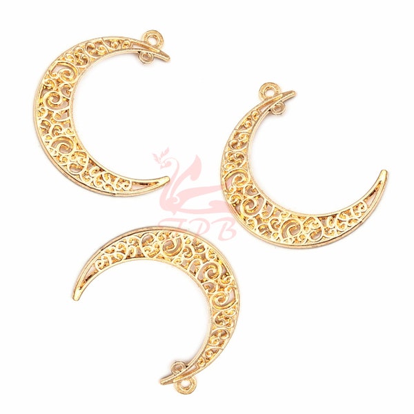 5 Crescent Moon Charms 41mm Wholesale Filigree Pale Gold Plated Connector Pendants GC0258212