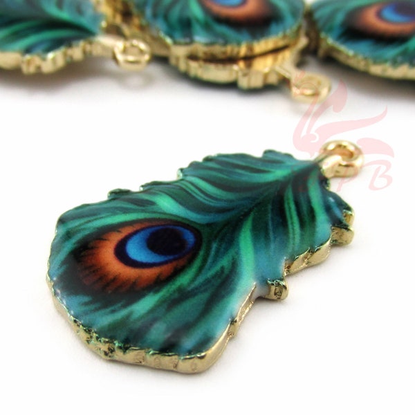 2 Peacock Feather Charms 32mm Teal Green Enamel Pendants For Jewelry Making EC0200740