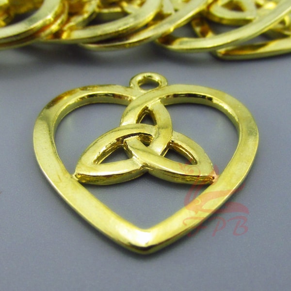 2 Celtic Trinity Knot Heart Charms 30mm Wholesale Gold Plated Triquetra Pendants GC0104138