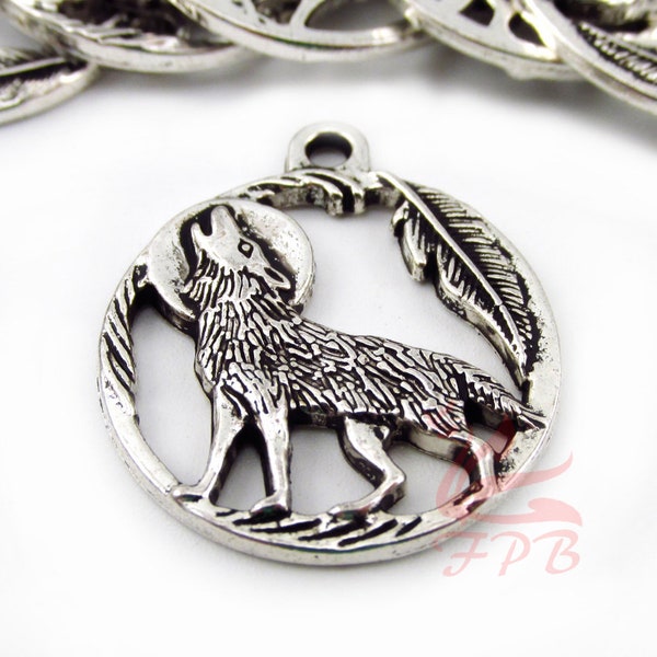 5 Howling Wolf Charms 25mm Wholesale Antiqued Silver Plated Animal Pendants SC0088143