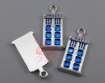 2 Blue Police Box Charms 27mm Wholesale Blue Enamel Pendants SC0032009