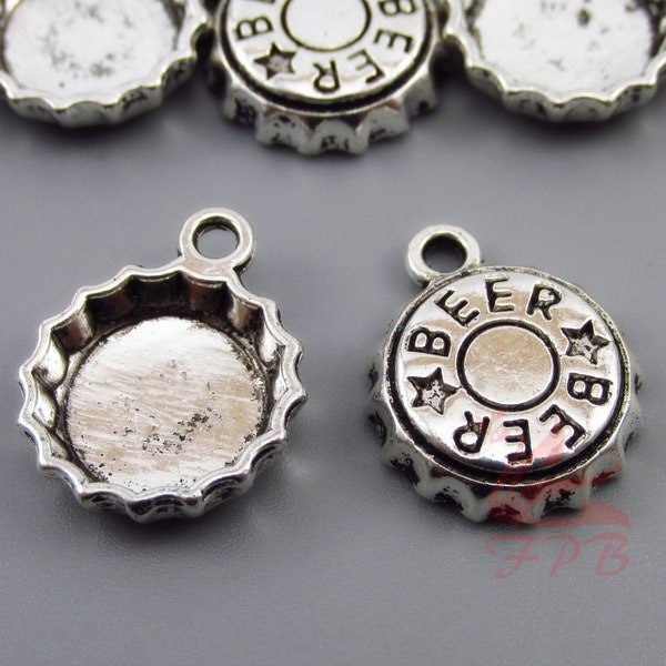 10 Beer Bottle Cap Charms 18mm Wholesale Antiqued Silver Plated Pendants SC0096129