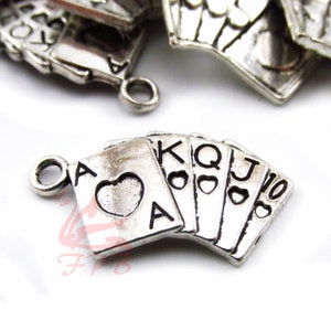 10 charmes de cartes à jouer 25mm en gros anciens pendentifs plaqués argent SC0018485