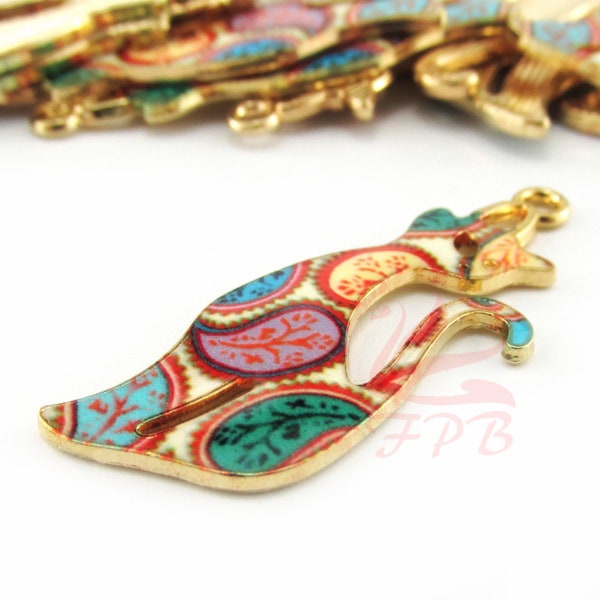 2 Cat Charms 37mm Multicolored Paisley Gold Plated Enamel Kitty Pendants EC0258107