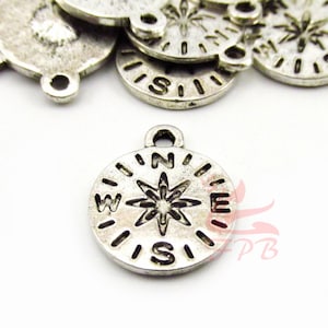 10 Compass Charms 16mm Wholesale Antiqued Silver Plated Travel Pendants SC0070324