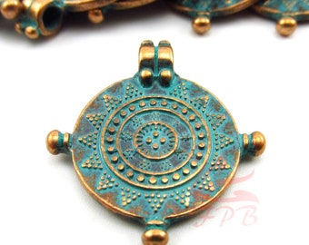 2 Mariner's Compass Charms 27mm Wholesale Antiqued Copper Turquoise Patina Pendants CC0095862