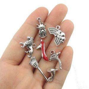Puede incluir: Una colecci&oacute;n de dijes plateados, que incluyen un le&oacute;n, una corona, un arco&iacute;ris, un zapato rojo, una escoba y un dije en forma de cuerno. Los dijes son peque&ntilde;os y detallados, perfectos para la creaci&oacute;n de joyas o proyectos de manualidades.