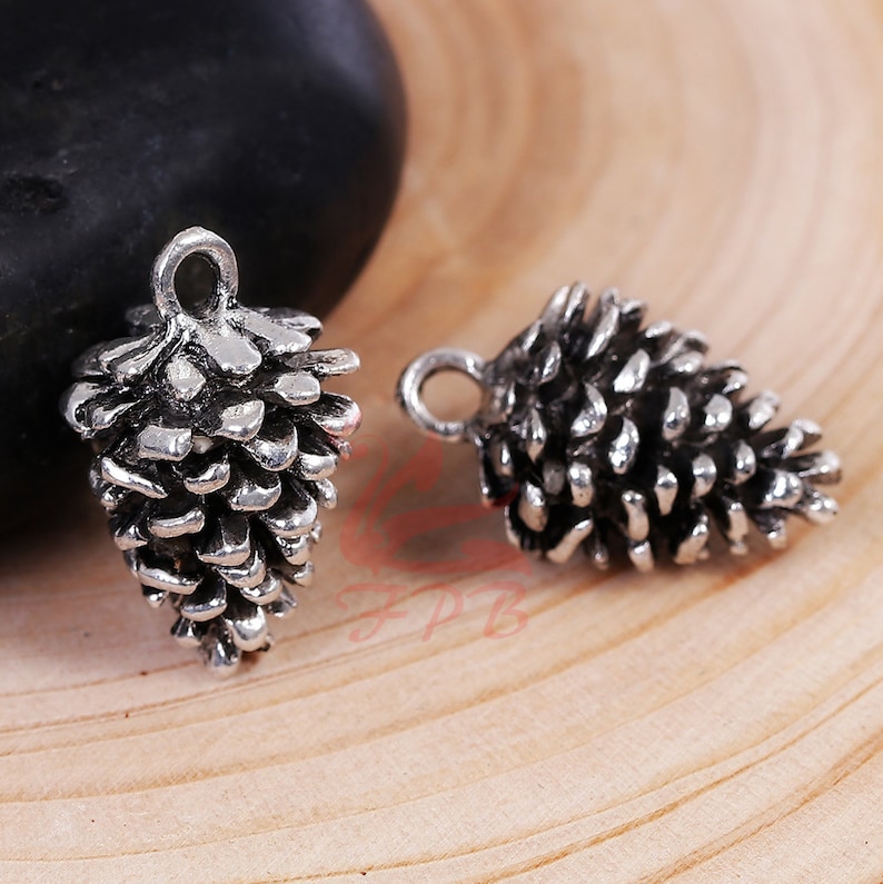 May include: Two silver-toned pine cone charms with a loop at the top for attaching to jewelry or crafts.