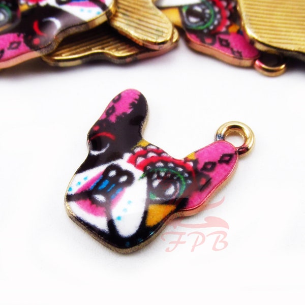 2 French Bulldog Charms 19mm Wholesale Gold Plated Enamel Puppy Pendants EC0090282