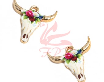 2 Bull Skull Charms 25mm Pink White Gold Plated Enamel Cow Steer Skull Pendants EC0152567
