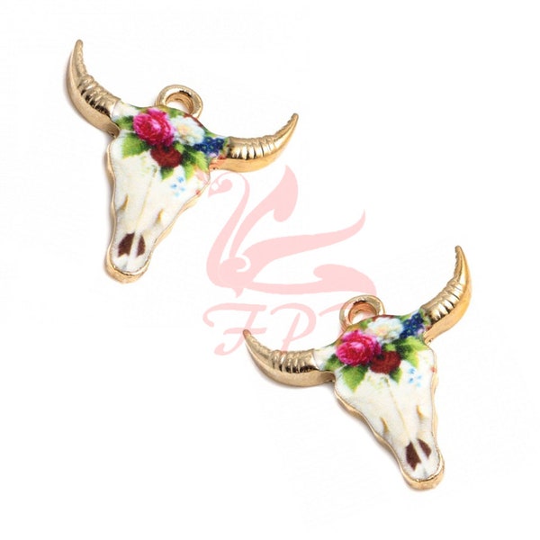 2 Bull Skull Charms 25mm Pink White Gold Plated Enamel Cow Steer Skull Pendants EC0152567