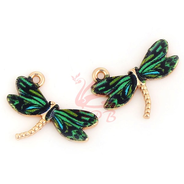 2 Emerald Green Dragonfly Charms 22mm Wholesale Gold Plated Enamel Pendants EC0101916