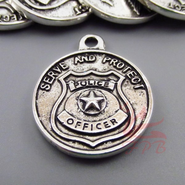 2 Police Badge Charms 27mm Wholesale Antiqued Silver Plated Saint Michael Pendants SC0086307