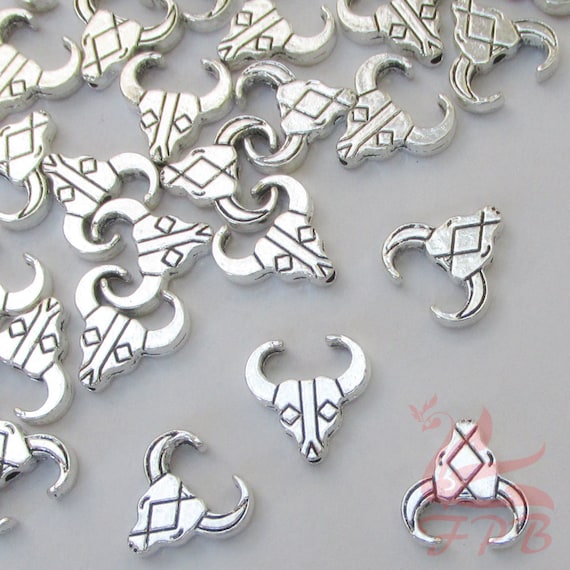 10 Steer Skull Beads 14mm Wholesale Antiqued Silver Plated Spacer Beads SB0101412