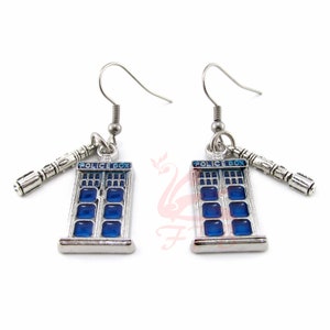 Doctor Who Tardis And Sonic Screwdriver Earrings With Stainless Steel Hooks