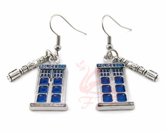 Doctor Who Tardis And Sonic Screwdriver Earrings With Stainless Steel Hooks