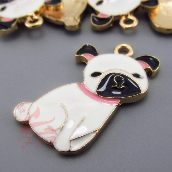 1 Pug Dog Charms 33mm Wholesale Antiqued Gold Plated Enamel Puppy Pendants EC0102432