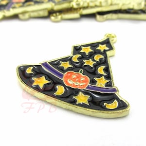 1 Halloween Witch Hat Charm 27mm Pumpkin Stars Moon Black Enamel Gold Plated Pendant SC0719916
